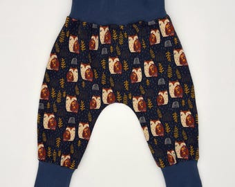 Owls Navy Harem style baby leggings with blue cuffs