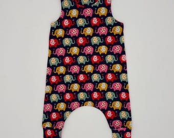 Elephants Navy Baby Dungarees: Handmade Cotton Lycra Jersey Romper