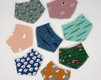 Baby bibs, bandana style with a snap fastener and bamboo towelling on reverse