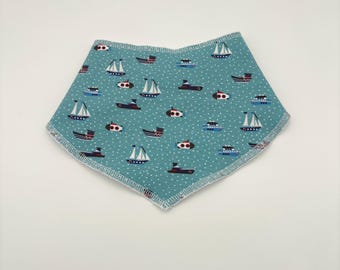 Handmade Dribble Bib: Boats Pattern, Spotty Blue Background
