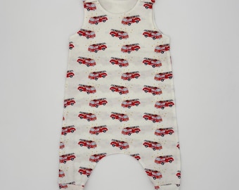 Fire Engine Truck Baby Dungarees: Handmade Cotton Romper
