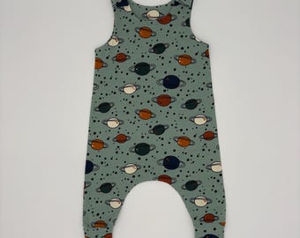 Planets space baby dungarees on mint green background (6-9 or 9-12 months) Baby and organic romper, space theme outfit, pre-made