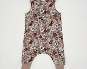 Autumn Floral Neutral Baby Dungarees: Handmade Cotton Jersey Romper