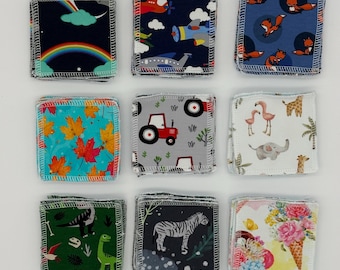 Choose your print, set of 6 wipes, 8.5cm square, eco-friendly reusable blue cotton towelling cloths