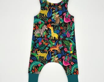 Jungle animals and flowers Handmade dungarees, (various sizes) Baby and Children's romper