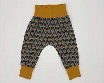 Penguin print, Harem style baby leggings, with ochre cuffs, made to order, various sizes
