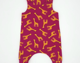 Giraffes Bright Pink Baby Dungarees: Handmade Cotton Jersey Romper