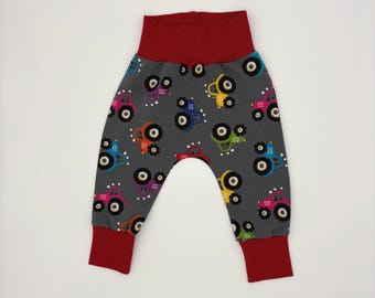 12-18 months Harem style baby leggings, tractors print with red cuffs