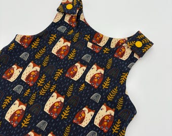 Owls Navy Baby Dungarees: Handmade Cotton Jersey Romper