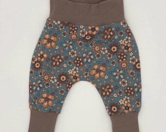 Retro Flowers on blue, Harem style baby leggings, made to order, various sizes