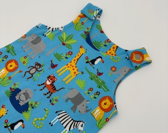 Zoo Animals handmade dungarees, blue Baby cotton jersey romper