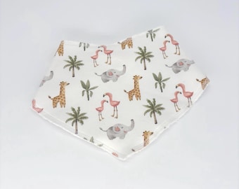 Handmade dribble bandana bib, safari pattern, pastel colours, gender neutral baby gift