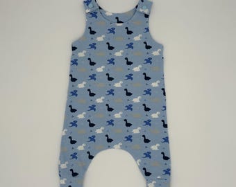 Dinosaurs handmade dungarees on a blue background (Various sizes) Baby and Children's romper, outfit made to order