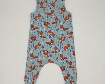 Friendly Fox handmade dungarees, light blue Baby romper, unisex newborn gift, made to order