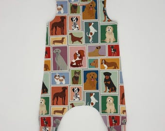 Dog portraits handmade dungarees on a multi colour grid background, Baby and Children's romper
