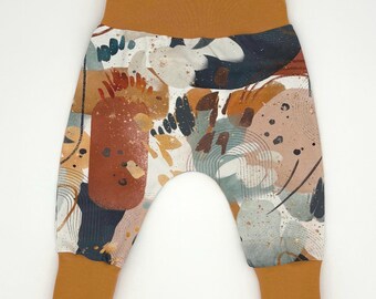 Harem style baby leggings, abstract art print with ochre cuffs, ready to ship, various sizes