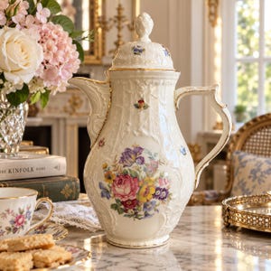 May include: A cream-coloured porcelain coffee pot featuring an ornate embossed lattice pattern, gold-trimmed edges, and a vibrant floral bouquet of pink, purple, and yellow flowers. The pot includes a matching lid with a finial and a curved handle.