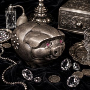 May include: A metallic silver piggy bank with a textured finish, featuring two small pink gemstone eyes and a decorative floral pattern on its side. The piggy bank has a coin slot on its back and is surrounded by scattered clear crystals and coins.
