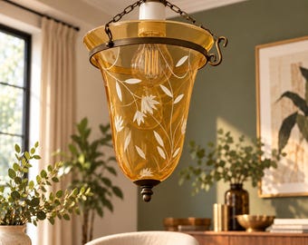 Vintage Amber Glass Pendant Light Shade | Etched Floral Glass | Art Deco Style Ceiling Lamp Shade