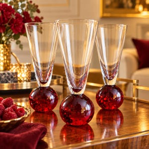 Set of 3 Ruby Red Bubble Art Glass Drinking Glasses, Mid-Century Decorative Stemware