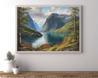 Norwegian fjord Wall Art, Norwegian fjord Painting, Vintage Painting, Painting, Landscape Painting, Instant Download, Digital Download PNG