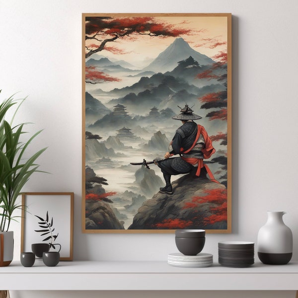 Samurai Wall Art, Samurai Painting, Painting, Vintage Painting, Painting, Landscape Painting, Instant Download, Digital Download PNG