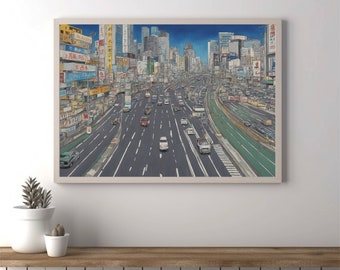 Tokyo highway Painting, Tokyo Wall Art, Painting, Vintage Painting, Painting, Landscape Painting, Instant Download, Digital Download PNG