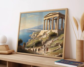 Greek Temple Wall Art, Greek Temple Painting, Vintage Painting, Painting, Landscape Painting, Instant Download, Digital Download PNG