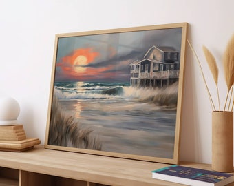 Sunset Beach Wall Art, Sunset Beach Painting, Beach, Vintage Painting, Painting, Landscape Painting, Instant Download, Digital Download PNG