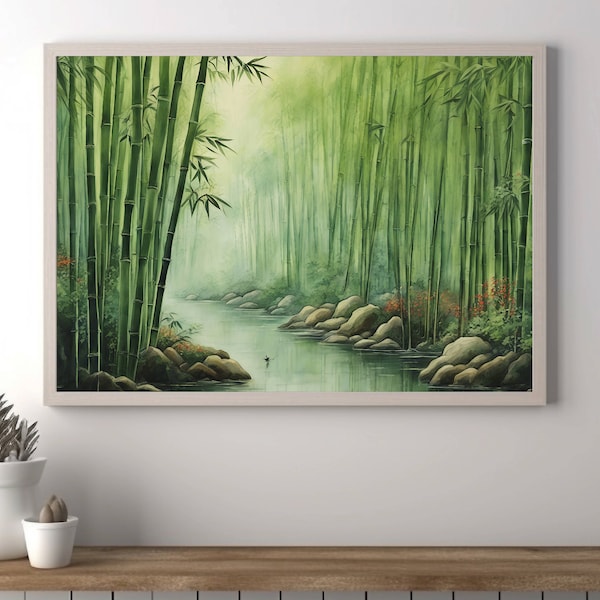 Bamboe kunst aan de muur, bamboe schilderij, Japanse kunst aan de muur, vintage schilderij, schilderen, landschapsschilderkunst, Instant Download, digitale download PNG