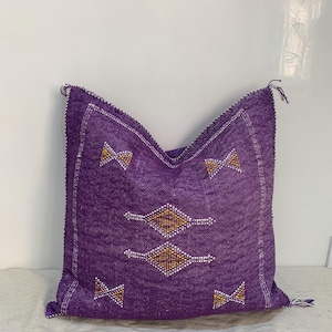 Moroccan Cactus Silk Pillow Case Handmade Throw Dark Purple Pillow Cover, Cactus Silk Cushion Case Square Berber Throw Bohemian PillowCase