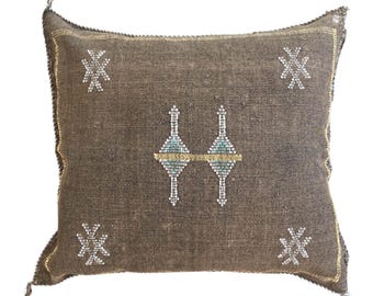 Handmade Moroccan Cactus Silk Pillow Cover, Berber Brown Cushion