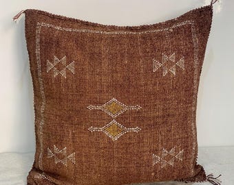 Handmade Moroccan Cactus Silk Pillow Cover, Brown Berber Cushion