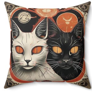 Square Cat Pillow | Yin Yang Kittycats | Atompunk Kitty Art | Gifts For Cat Lovers | Throw Pillow | 14&quot; x 14&quot;