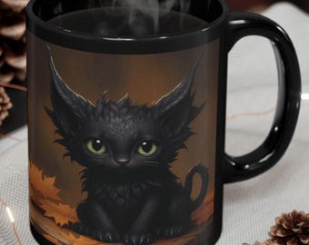 Tazza da caffè con drago e gatto nero, arte di un simpatico gattino, decorazione autunnale