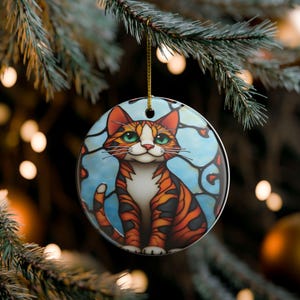 Tabby Cat Ceramic Ornament:  Green Eyed Kitten Stained Glass Style