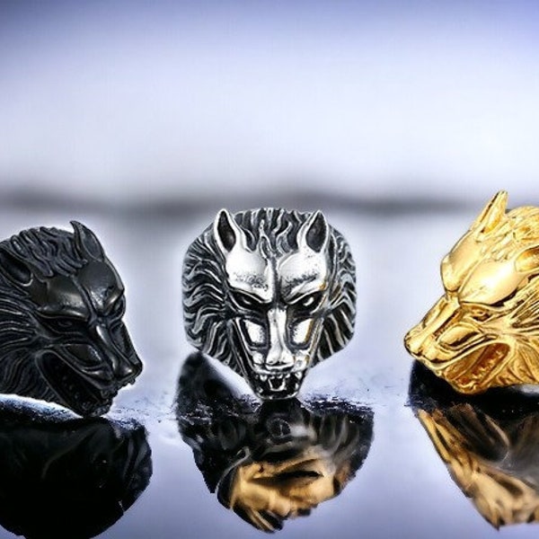 Bague tête de loup en acier titane, cadeau fait main bague pour homme, chien de chasse en or noir, amoureux des animaux, objets de collection, bijoux sympas et amusants