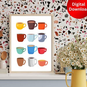 Coffee mugs wall art printable, coffee prints digital download, kitchen art decor, coffee bar poster, Coffee art digital, Wall Decor Print