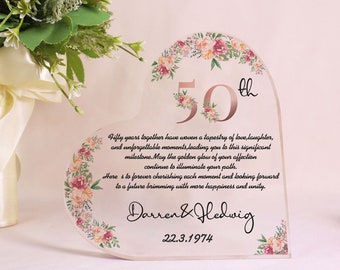 Personalized 50th Wedding Anniversary Gift Heart Acrylic Plaque, 50 Gold Wedding Gifts For Parents, Golden 50 Anniversary Gift, Husband Gift