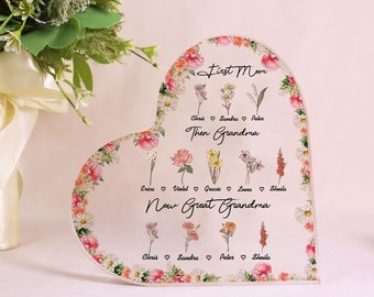 Personalized First Mom, Then Grandma, Now Great Grandma Birth Month Flowers Heart Acrylic Plaque For Great Grandmother, Grandma Gifts