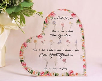 Personalized First Mom, Then Grandma, Now Great Grandma Birth Month Flowers Heart Acrylic Plaque For Great Grandmother, Grandma Gifts