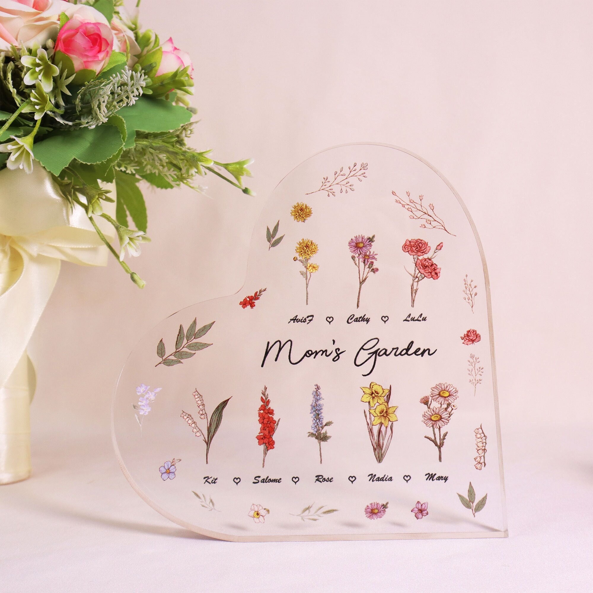 Discover Personalisierte Erste Mama, jetzt Oma, Geburtsmonat Blumen Acryl Herzform Andenken