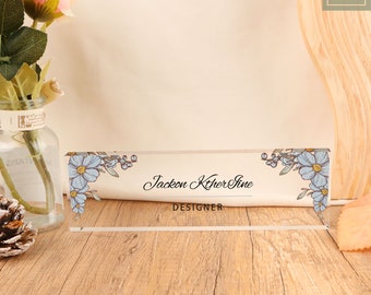 Personalized Blue Flower Name Plate, Marble Design Name Plate for Desk, Business Gift, Promotion Gift, Gift for Boss, Gift for Coworkers