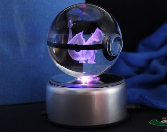 Glurak Kristall Pokeball / 3D Kristallkugel Pokeball mit LED-Lichtbasis, Kinder Geschenk Sammler Spielzeug Charizard Mewtu Pikachu Gengar Modell