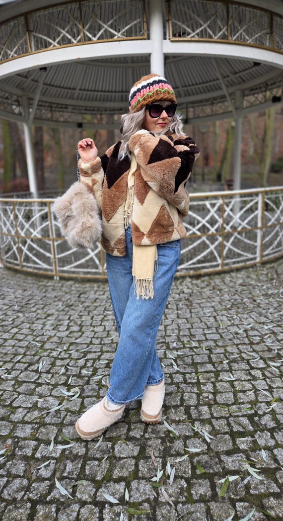 Vintage Shearling Jacket Lamb Patchwork Batwing O… - image 10