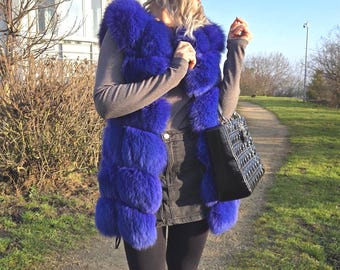 Chaleco de piel de zorro real, chaleco de zorro azul cobalto, chaleco natural, estilo mob wife, talla XS y S