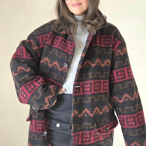 Vintage Wool Aztec Jacket Oversize Ethnic Blanket Coat Quilted Lining Boho Navajo Style Unisex Wool Coat Tribal Pattern L XL