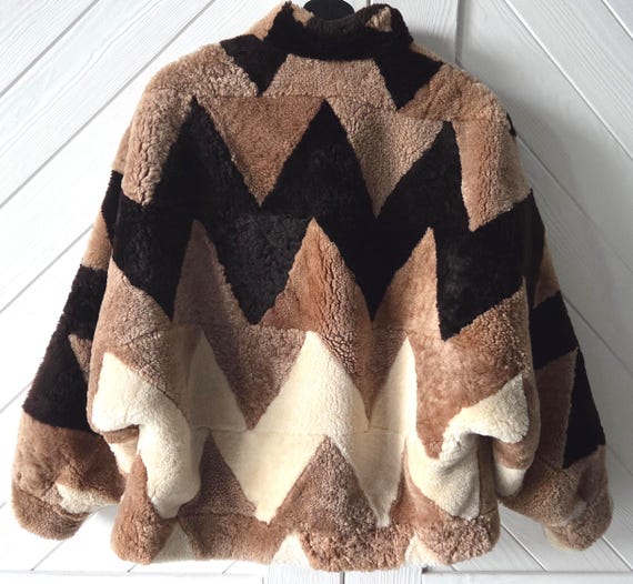 Vintage Shearling Jacket Lamb Patchwork Batwing O… - image 20