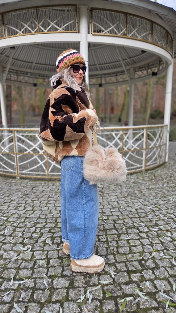 Vintage Shearling Jacket Lamb Patchwork Batwing O… - image 18