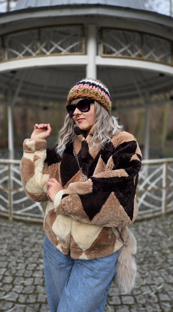 Vintage Shearling Jacket Lamb Patchwork Batwing O… - image 13